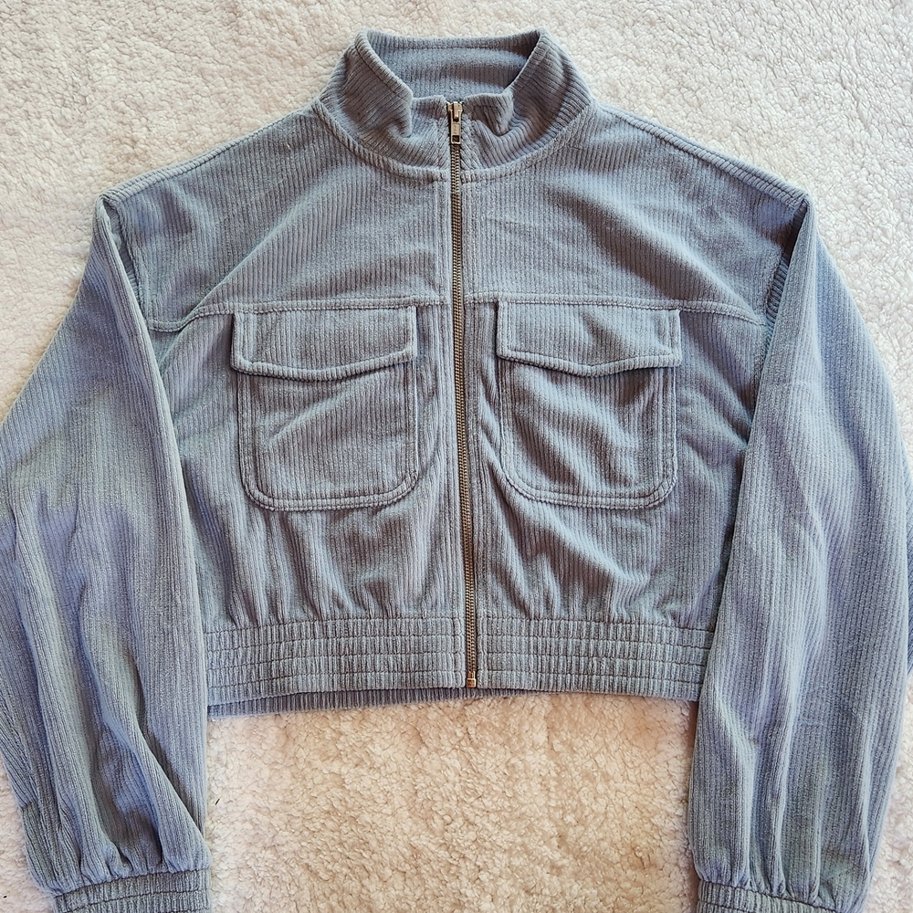 Aerie Blue Utility Jacket with Stand-Up Collar and Ribbed Cuffs